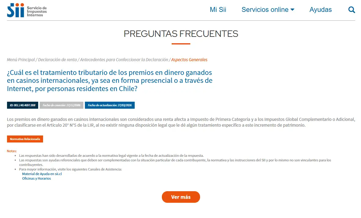 Fuente oficial del SII sobre tributación de premios de casinos internacionales