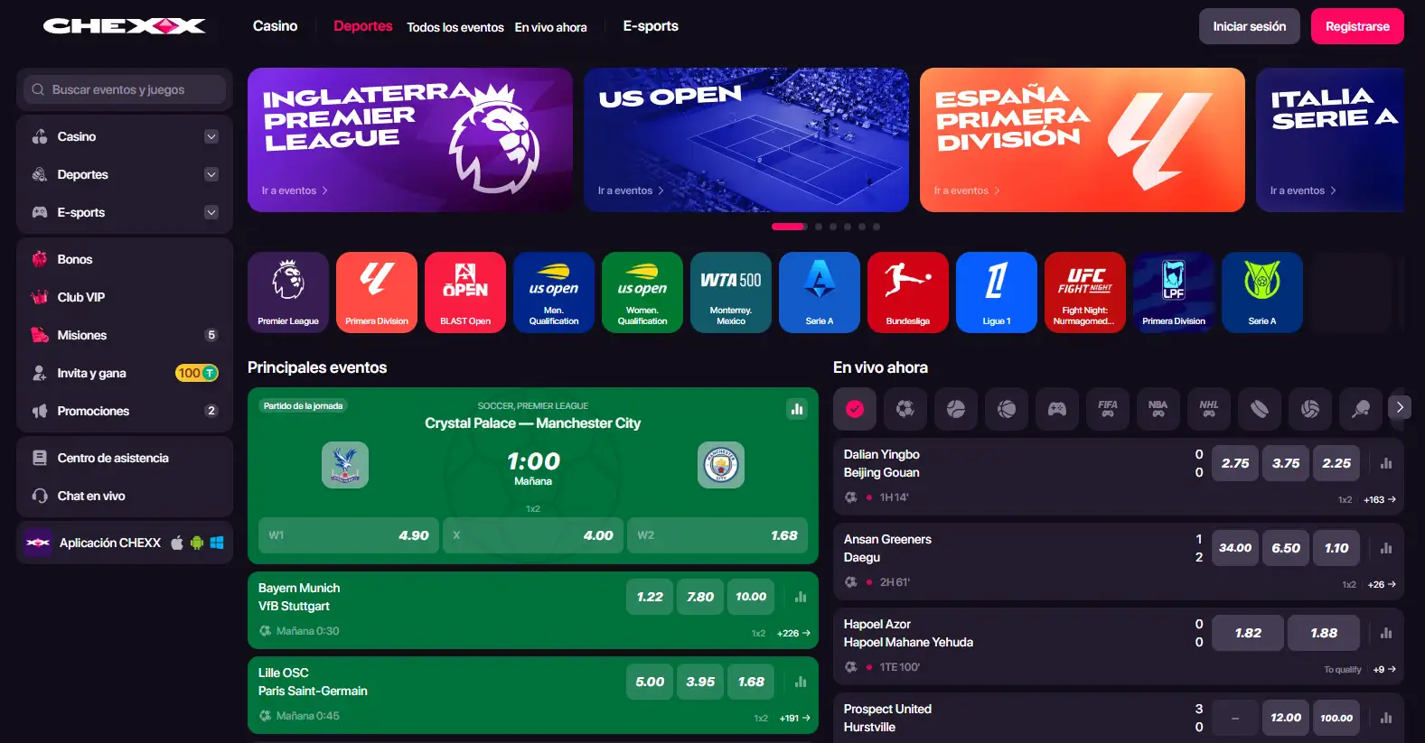 Interfaz real del sportsbook y esports de CHEXX