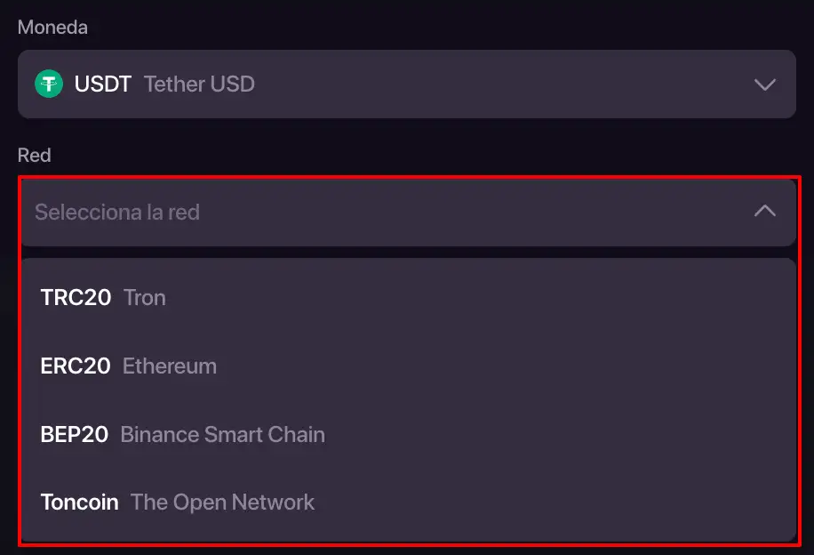 Formulario real de depósito CHEXX con selector de criptomoneda y red