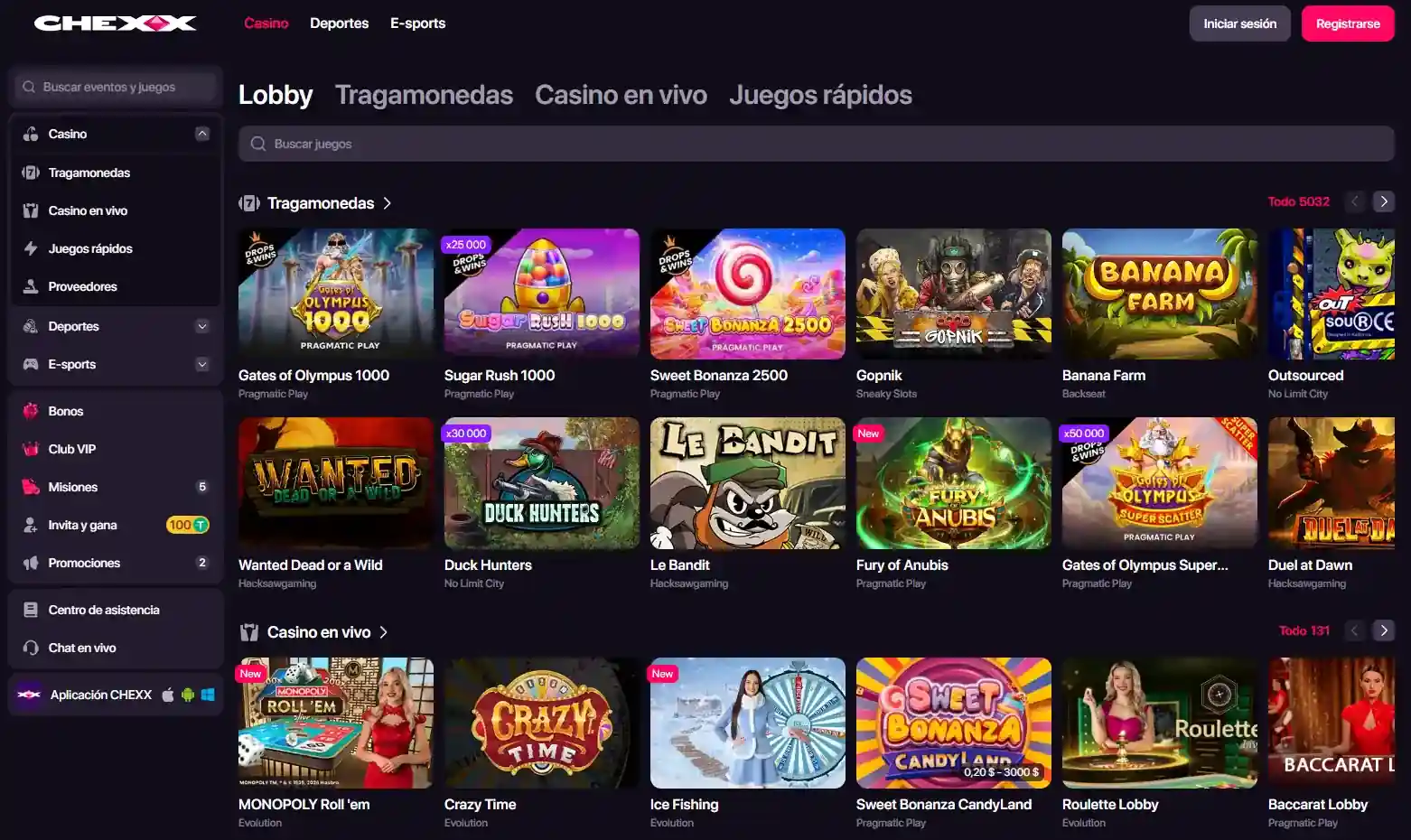 Lobby y categorías reales del casino CHEXX
