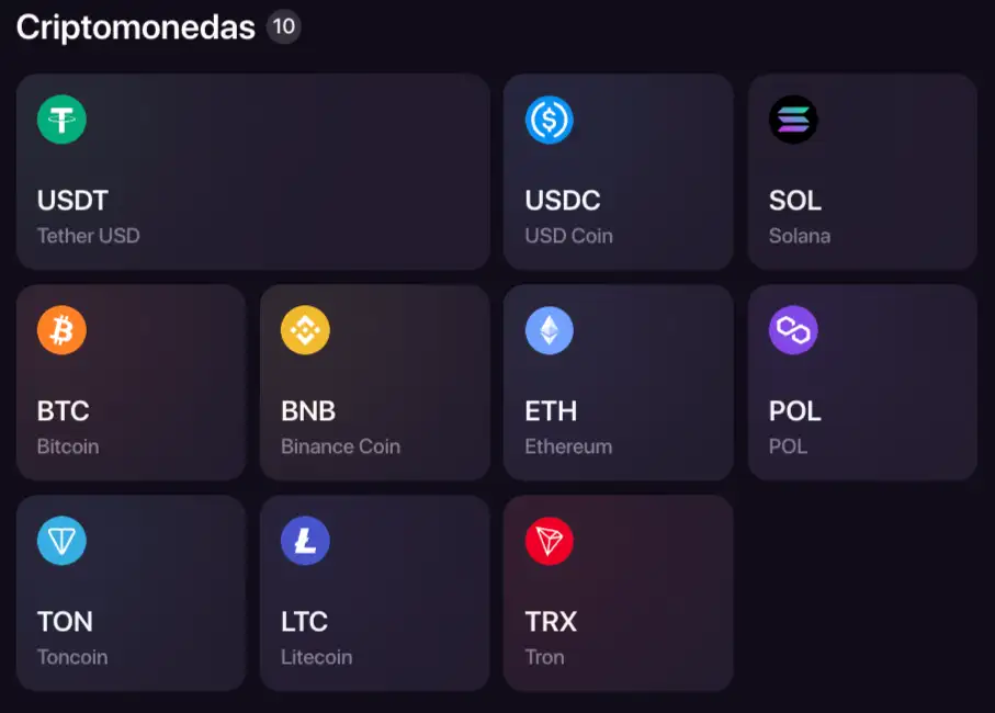 Selector real de criptomoneda y red en la sección de pagos CHEXX