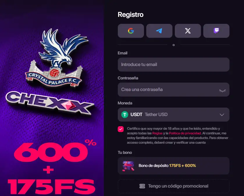 Formulario real de registro CHEXX con campos de email, contraseña y moneda