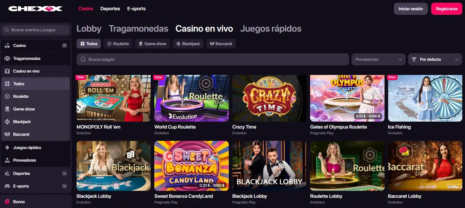 Sección real Live Casino de CHEXX