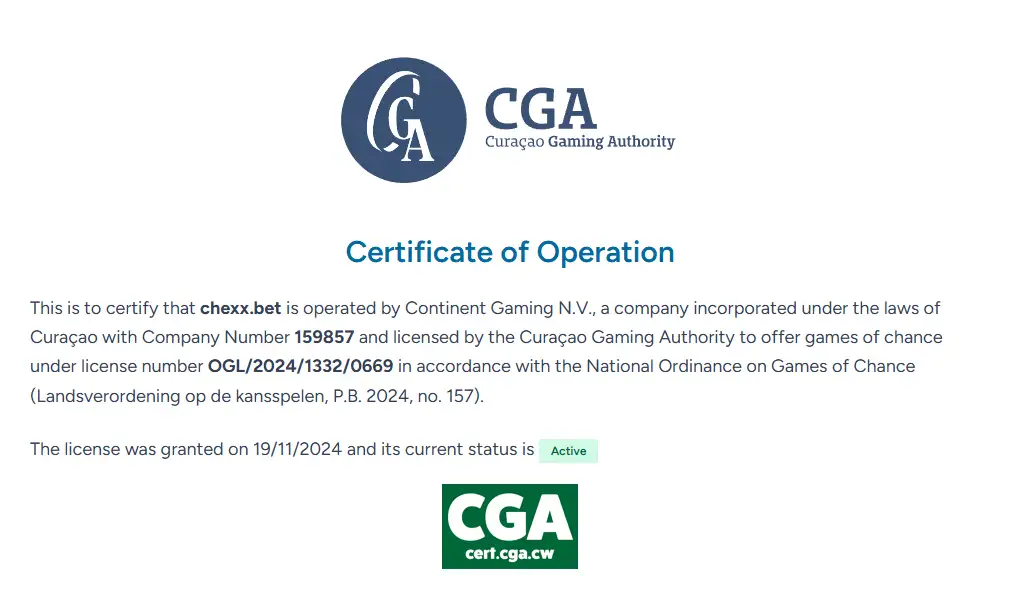 Certificado oficial de la licencia de CHEXX en Curaçao